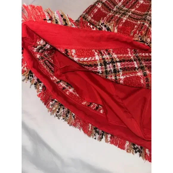 Ann Taylor Plaid Fringe Tweed Skirt Classic Red 578511 Sz 4 Top Of Knee NWOT - Picture 9 of 16